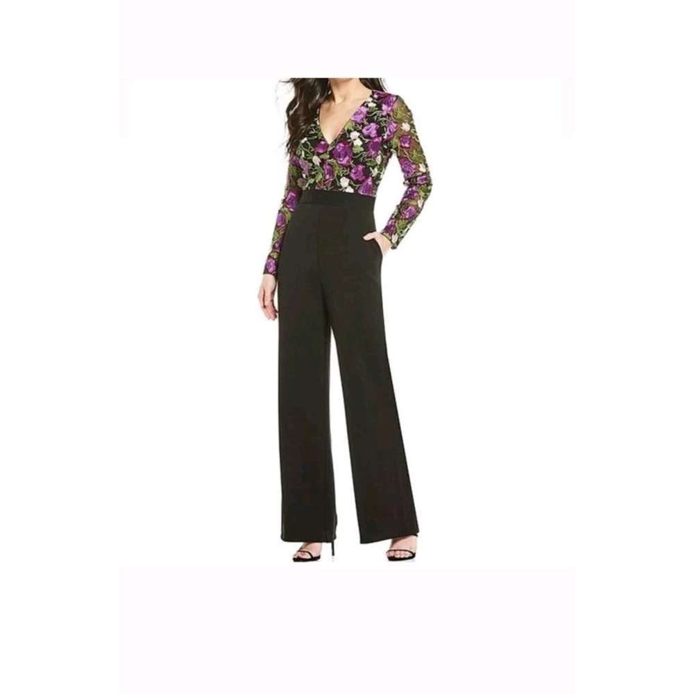 Belle Badgley Mischka Black Floral Embroidered Long sleeve Jumpsuit 8 Chic Party
